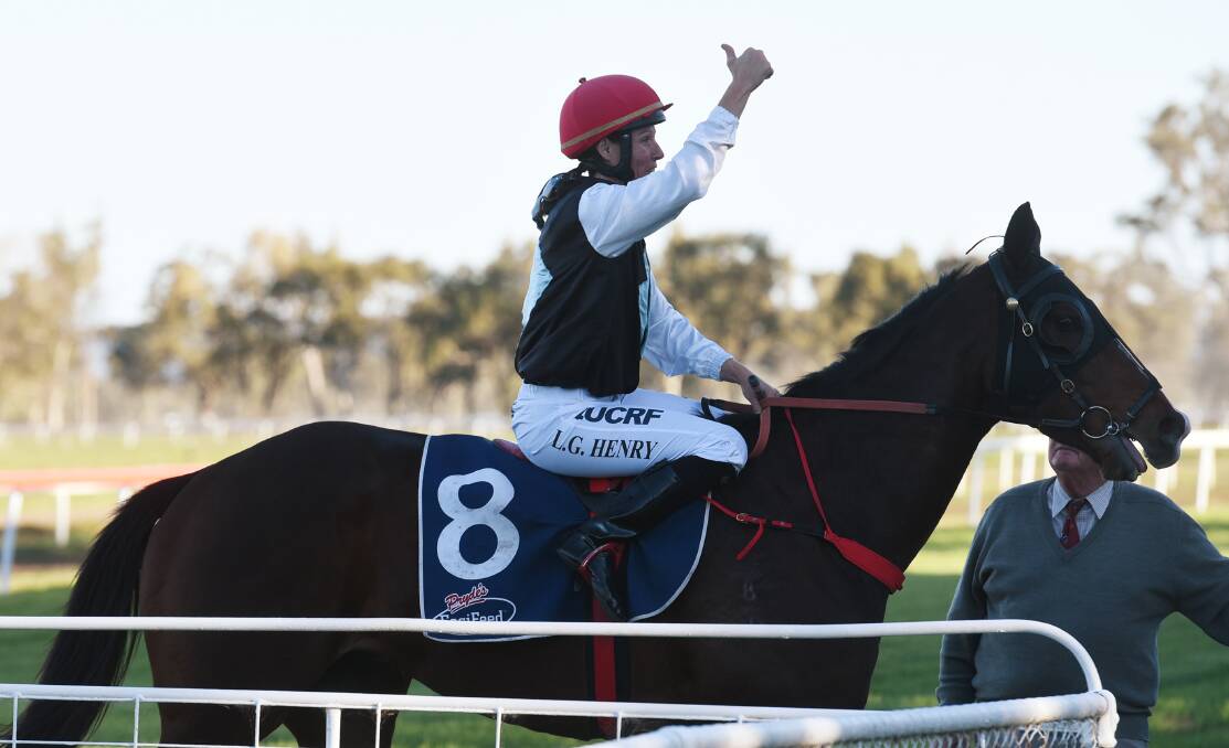 Leanne Henry gives the thumbs up after winning her third Gunnedah Cup aboard the Stephen Gleeson-trained Pippi’s Pride yesterday.  Photo: Gareth Gardner 100515GGE07