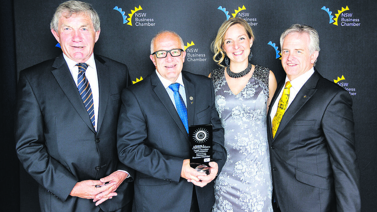 Tamworth Business Chamber president Tim Coates, second from left, and former executive officer Marjolyn Thomas, with NSW Business Chamber board member Terry Wetherall, left, and NSW Business Chamber regional manager Kellon Beard. The Tamworth chamber took out the award for Local Chamber of Commerce.