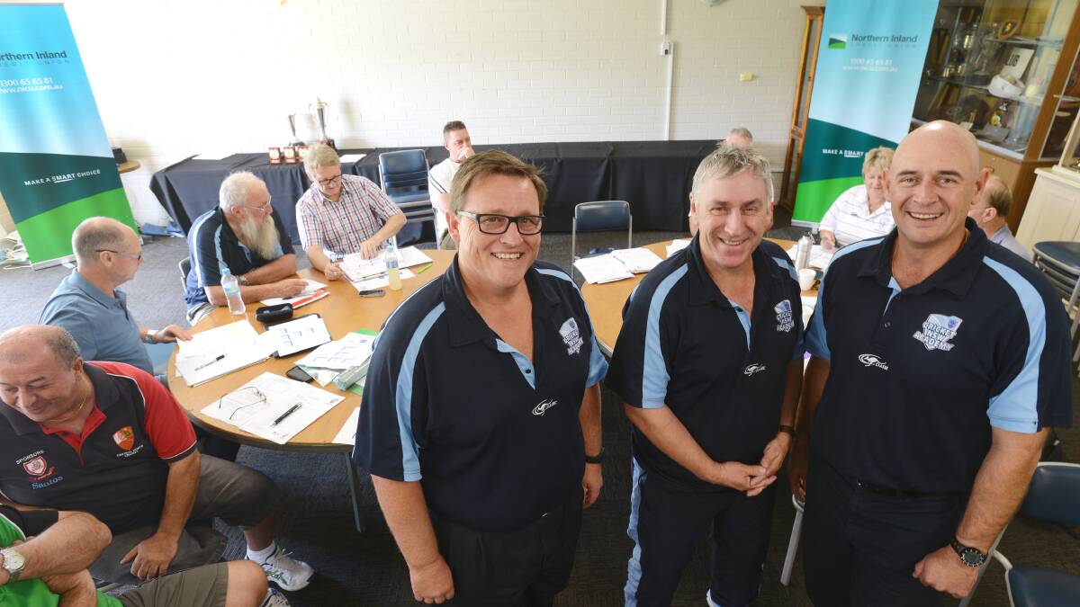 Cricket NSW education officer David Moore (left), Country Cricket NSW’s Bruce Whitehouse (middle) and CNSW youth program manager Michael 
McClelland coaching the coaches at Tamworth Cricket House on Sunday. Photo: Barry Smith 060414BSB02