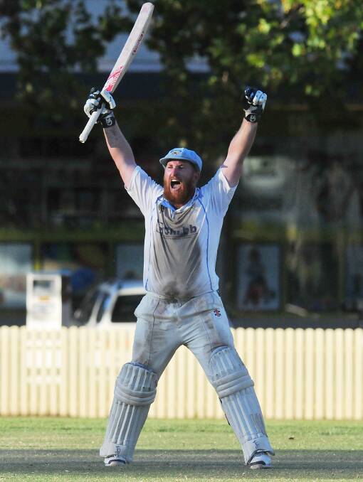  Simon Norvill’s reaction after clipping the fourth ball of the second last over over the midwicket fence and a three wicket grand final win over South Tamworth on Sunday.
Photo: Geoff O’Neill 300314GOF02