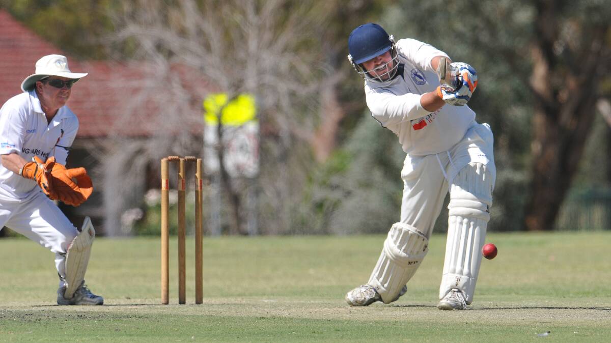 Tom Groth hits out on his way to a century against Bective-East two weeks ago. The NSW Country Cricketer of the Year who leads Central North in the Country Championship at Ballina from Friday is one of those in the 
running for the Tamworth Regional Council's main sports award tomorrow night. Photo: Gareth Gardner  081114GGE02