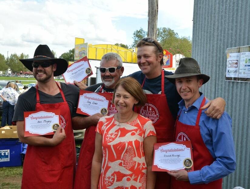KITCHEN RULERS: The men’s team of Ben Mingay, Andrew ‘Coog’ Cross, Angus Kirton and David Burge with My Kitchen Rules participant Cathy Lisle.