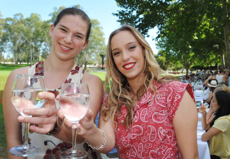 CHEERS: Laura Bird and Jessica Angelidis raise a glass to a successful Tamworth Taste Festival, which concluded with the Long Lunch in Bicentennial Park yesterday. Photo: Geoff O’Neill 130414GOE05