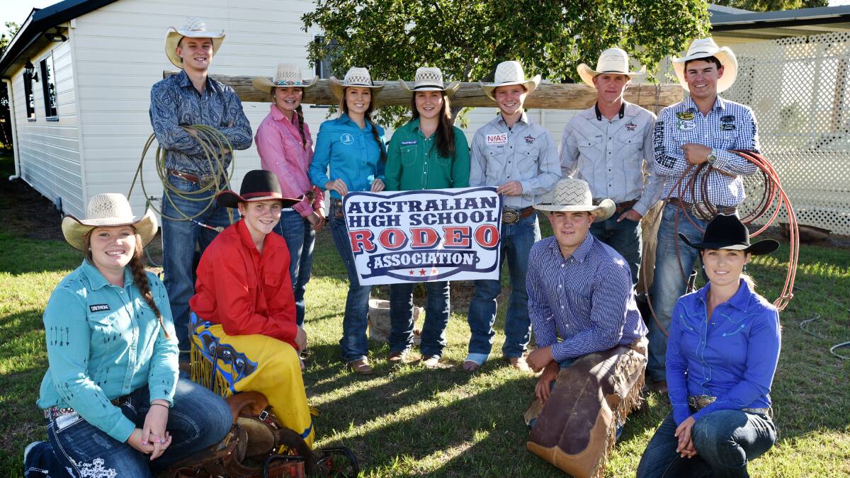 Tamworth's (front from left) , Bella McKinley, Jack Pittman, James Vaughan, Bianca Tribe, and (back from left), Justin Scoggin, Anna Crisp, Taylor McAlister, Jade Tribe, Nick Penrose, Jesse Glass and Jackson Dening have qualified to compete in the national schools finals rodeo in the US. Photo: Geoff O'Neill 250315GOK01