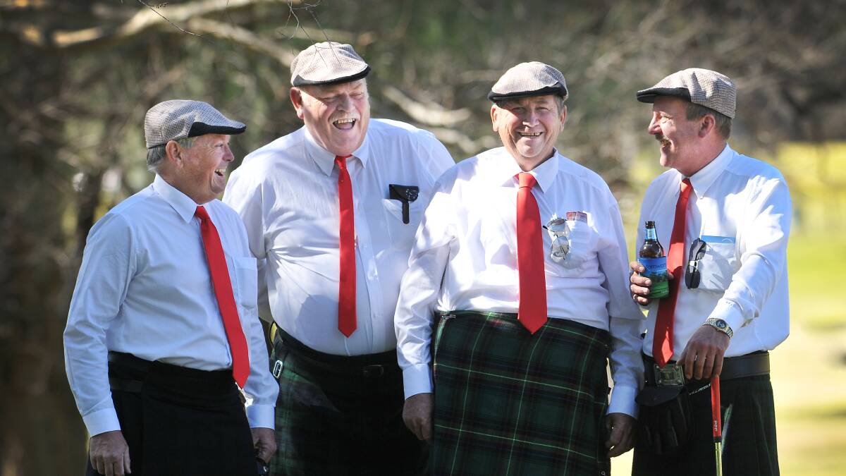 The Casino kilted quartet (from left) Rosco Franey, Owie Newell, Spearo Ensby and CQ Yates take a break at Friday's cystic fibrosis charity golf day at Tamworth Golf Club. Photo: Gareth Gardner  080814GGB04