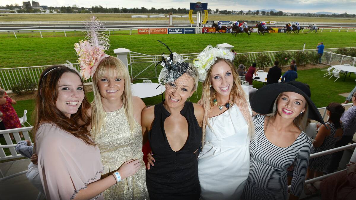GIRLS JUST WANT TO HAVE FUN: Enjoying the races yesterday were Tamworth locals, from left, Jassmin Mihell, Parris Denning, Sarah Harris, Caroline Plante and Mikaela Spinks.  Photo: Barry Smith 270414BSF23