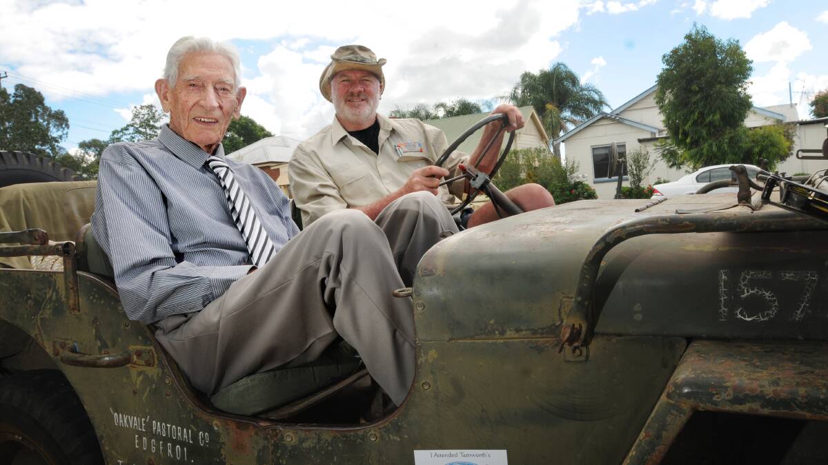 READY AND RARING: World War II veteran Les Chillingworth, with jeep owner Carl Flannery – ready for Anzac Day. Photo: Gareth Gardner 160414GGD01