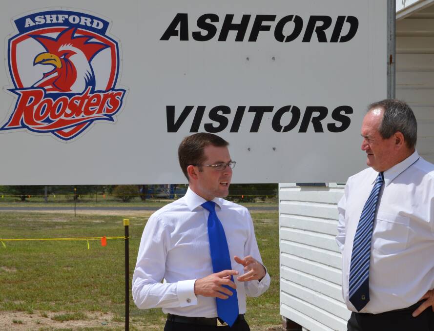 KICKING GOALS: Ashford rugby league stalwart Mick Lewis, right, talks footy with local MP Adam Marshall after news of grant funding for his club.