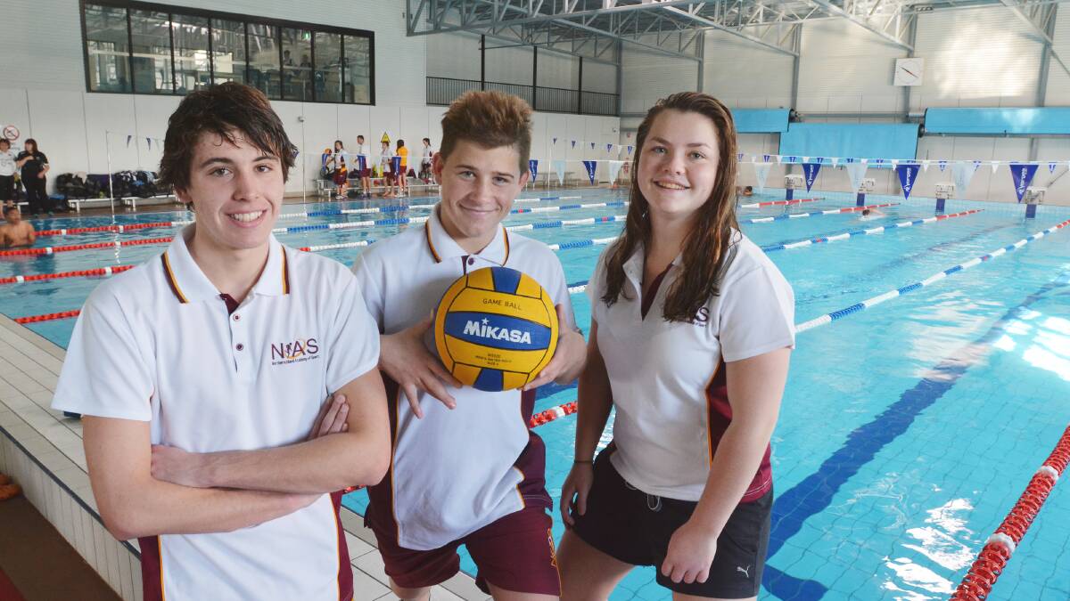 Jayden Gimgergh (left) , Pat Hofman and Katie Salter are among a handful of Tamworth youngsters starting to spread their water polo wings. Photo: Barry Smith 220614BSG03