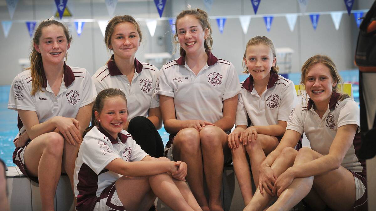 Off to compete at the State Short Course Championships this weekend are Scully Park swimmers (back from left)  Jaimie Prendergast, Zarleigh Jones, Sarah Collison and Sabine Thompson and (front from left)  Millie Fauchon and  Luci Gerathy. Photo: Gareth Gardner 250814GGD01