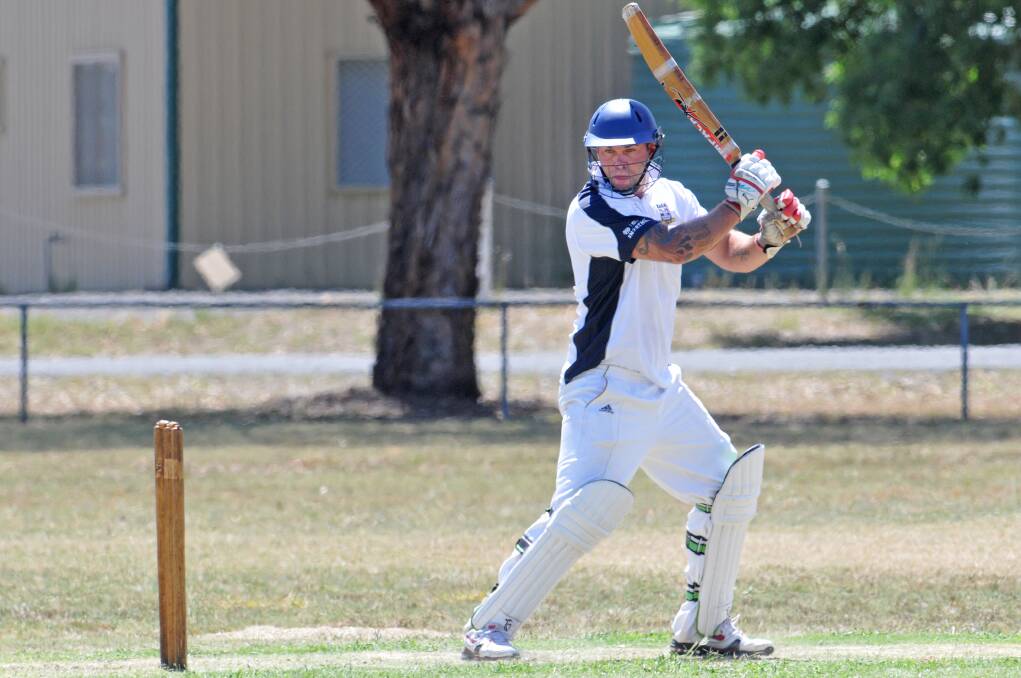 Manilla’s Chris Dobson watches this ball run to the boundary during his 85 against Inverell yesterday. Photo: Geoff O’Neill 211214GOB03
