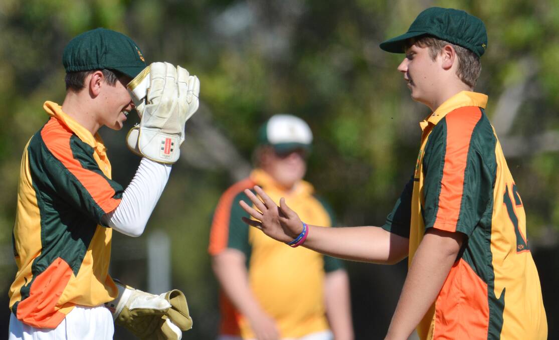 Farrer 2’s Lachlan Fauchon (left) and Lachlan Cook celebrate a wicket against Oxley High on Monday. Fauchon then  hit an unbeaten century and Cook a half-century in Farrer’s 
unsuccessful run chase.  240214BSG12