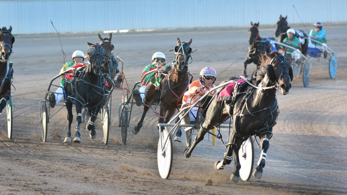 Freedom Is races away with the North West Oaks at Tamworth Paceway for driver Michael Formosa and Forbes trainer Phillip Thurston.
Photo: Barry Smith  250414BSC09