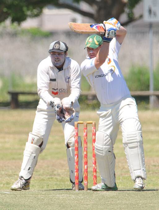 Adam Jones plays a back foot drive for his Bective-East side against South Tamworth and wicketkeeper Tom Groth. The pair will be united in the Tamworth side on Sunday for a Country Cup clash with Toronto, with Groth to skipper the side.  hoto: Geoff O’Neill 191014GOF03