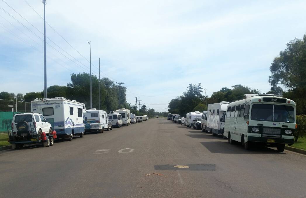 HAPPY CAMPERS: Tuesday’s line-up of visiting caravans and motorhomes made an impressive sight near Wolseley Park in Gunnedah.