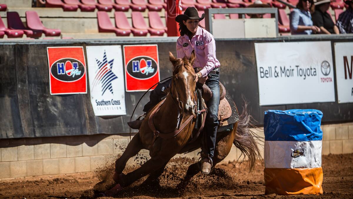 Moree’s Wendy Caban in barrel racing action. Photo: Stephen Mowbray
