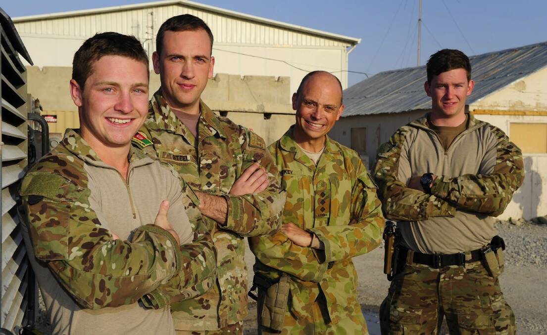 TAMWORTH’S ARMY: From left, Lance Corporal Jake Steel, Captain Mathew Steel, Captain Chris Rickey and Private Nick Munday serving together in Afghanistan have discovered they are all originally from Tamworth. Photo: Australian Defence Force