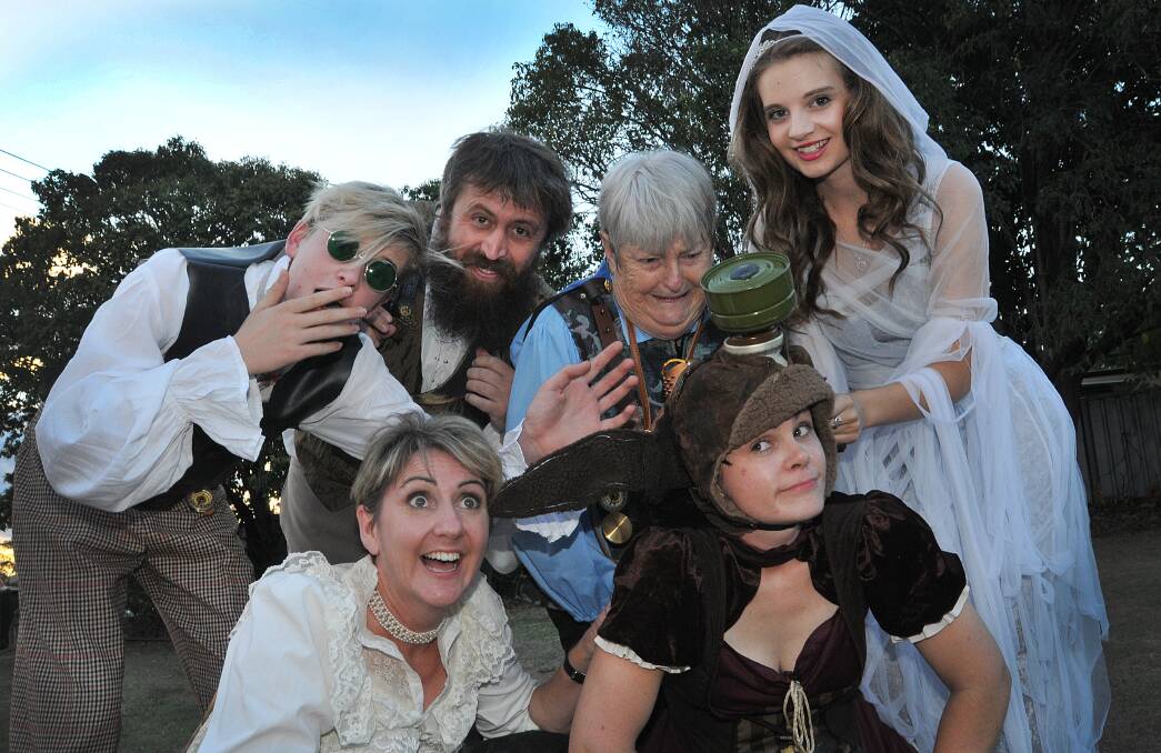FUN AND GAMES: Some of the cast of the Tamworth Dramatic Society’s A Midsummer Night’s Dream, front row, Jennifer Ingall (Quince) and Emelia Saban (Bottom), and back, from left, Jaydon Merrick (Flute), Joe Dabron (Snug), Robyn Bourke (Snout) and Ellie Sampson (Titania). Photo: Geoff O’Neill 120314GOE02