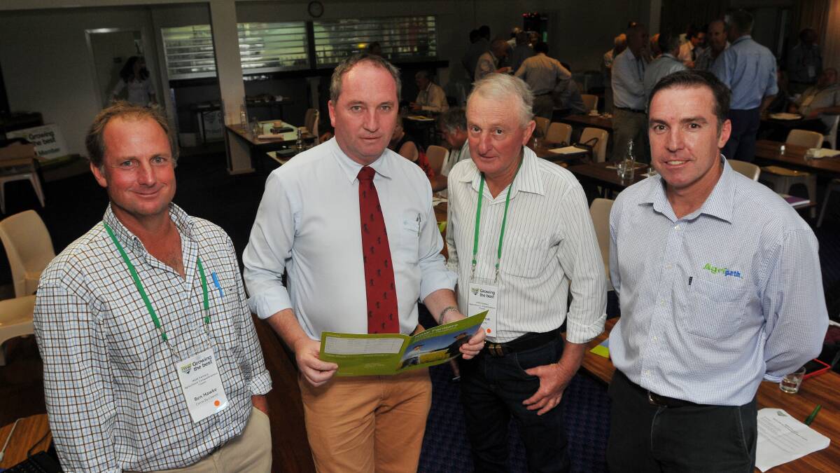 WAYS TO COMPETE: Pictured at yesterday’s forum, organised by NSW Farmers, from left, Ben Hawke, federal Agriculture Minister Barnaby Joyce, Terry Tout and forum speaker Sam Newsome from Agripath. Photo: Gareth Gardner  100314GGD02