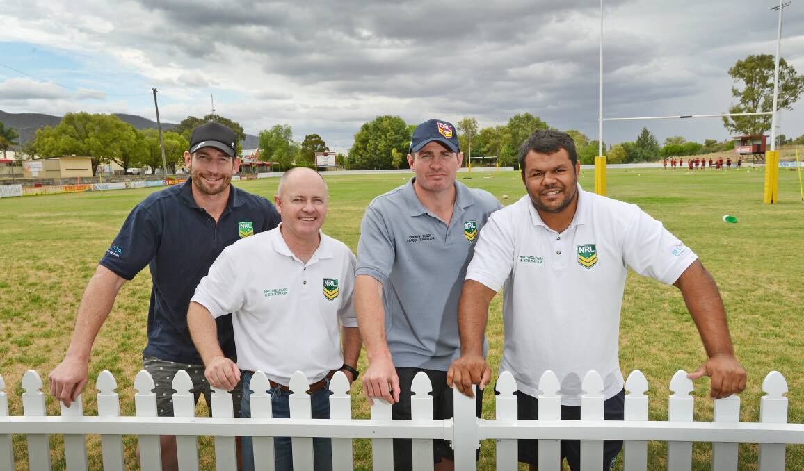 Talking up NRL welfare and careers for young GNA squad members at Jack Woolaston Oval yesterday were (from left)  Michael Hodgson, Paul Walker, Andrew Ryan and Dean Withers.  Photo: Barry Smith 161114BSB02