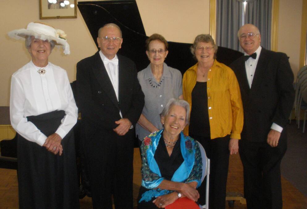 MUSICAL HISTORY: Performers this year for the anniversary Musicale include from left, society stalwarts Marlene Ford, Rodney Hobbs, Margaret Heiliger, Adele McGaffin, Richard Hutt, and front, compere Ann Sumner.