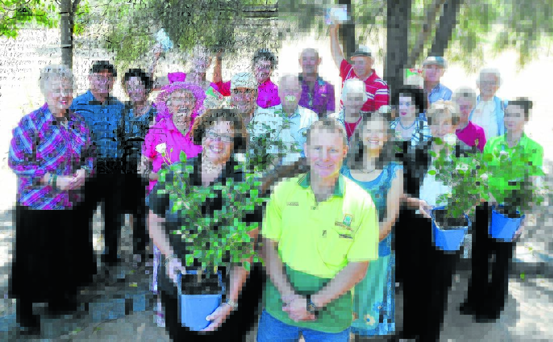 GREEN THUMBS: Back group from left, The Tamworth Times advertising manager Joanne Maiden, Paul and Christine Cox, Dawn Reading (straw hat), Belinda Kotris (back), Des Reading (wearing cap), St Andrew’s Village gardeners Tanya O’Shannessey and Mr O’Shannessey, Warren Loseby (behind rose), Evelyn Loseby, Gavin Shearer (back in hat), Felicity King-Leeder, Errol Groth (with book), Kay Morris (back), Eileen Lee (pink top) and (far right) Missy Kelleher (holding rose) of Bupa. In front, from left, are champion garden winner Kerrie Gray and Tamworth Landscape Supplies owner Anthony Heeney with Adi Jones and Kay McIlroy (holding rose). Photo: Gareth Gardner 211014GGA02