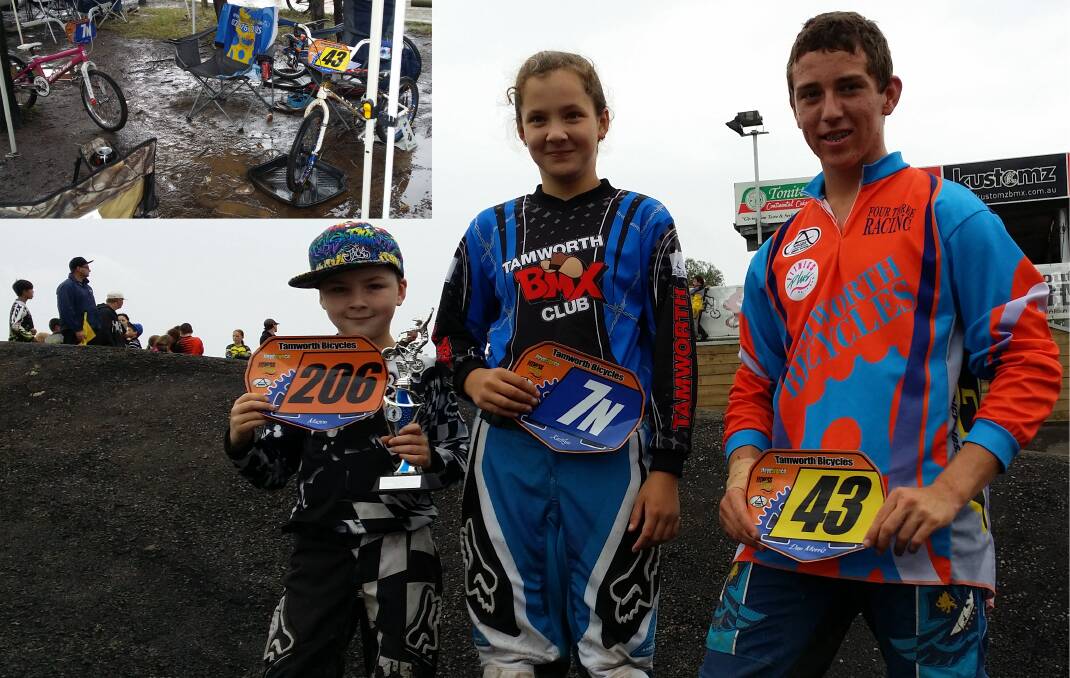 Three of the four Tamworth Bicycles BMX Race Team members (from left) Mason Heywood, Kaitlyn Heywood and Daniel Morris at  (inset) a muddy Southlake  BMX Track last weekend.