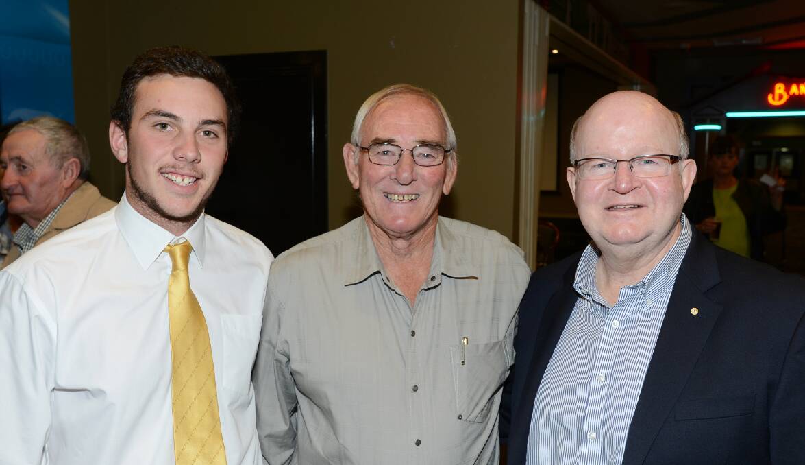 Two of the speakers at yesterday’s fundraiser in Tamworth, James Psarakis (left) and Pat Hunt (right) flank former Tamworth High School sporting guru Ron Surtees. Photo: Barry Smith 150515BSC06
