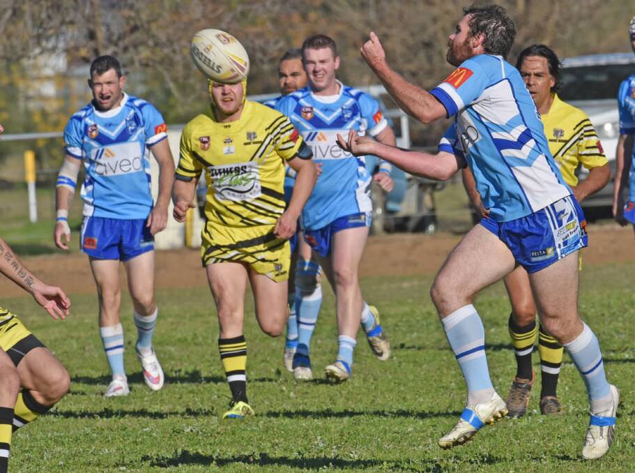 Narrabri skipper Lachlan Cameron sets the Blues alight before leaving the field after reinjuring his ankle. Photo: Geoff O’Neill 280615GOG02