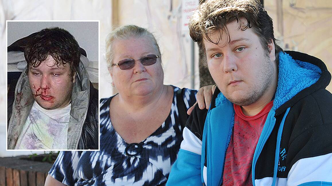 SHAKEN AND SCARED: Mathew Lenton, pictured here with his mother Ashley Lenton, and inset, is terrified after he was set upon in a random attack in Tamworth on Monday night. Photo: Geoff O’Neill 130514G0C05