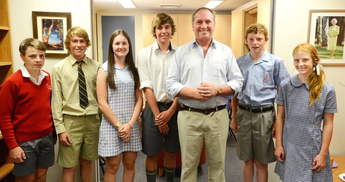 WINNING WAY: New England MP congratulates local sporting grant recipients (from left) William Menz (Carinya Christian School), Cooper Barnes (Farrer), Tori Saunders (Oxley High), Jayden Gambergh (McCarthy Catholic College), Jack Diebold (Calrossy) and Tyla Endemi (Tamworth P/S). Photo: Barry Smith 030214BSF01