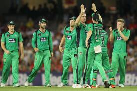The Melbourne Stars celebrate a record-breaking victory over their cross town rivals, the Melbourne Renegades. Photo: Robert Prezioso/Getty Images. 