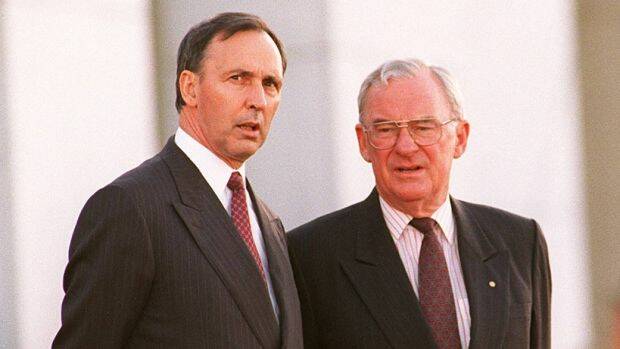 Bill Hayden and Paul Keating at the announcement of the new Governor-General Sir William Deane. 
