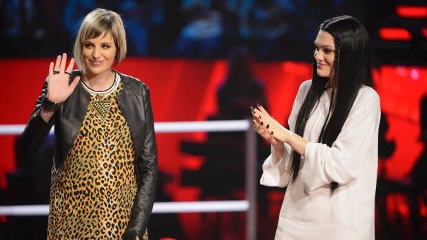 Amber Nichols and Jessie J on The Voice stage during a battle round. Photo: Channel Nine