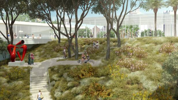 An artist's render of how the new landscaping and art garden could look when the expansion of the Art Gallery is viewed from Woolloomooloo. Photo: Art Gallery of NSW

