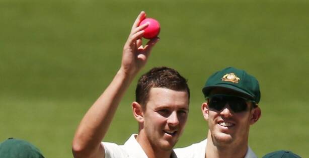 Pink ball wizard: Josh Hazlewood celebrates taking five wickets against New Zealand. Photo: Getty Images