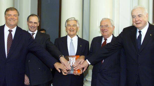 Labor Leaders Paul Keating, Bob Hawke , Bill Hayden and Gough Whitlam together in Melbourne in 2001 for the launch of the book True Believers, about the story of the Federal Parliamentary Labor Party.  Photo: Paul Harris
