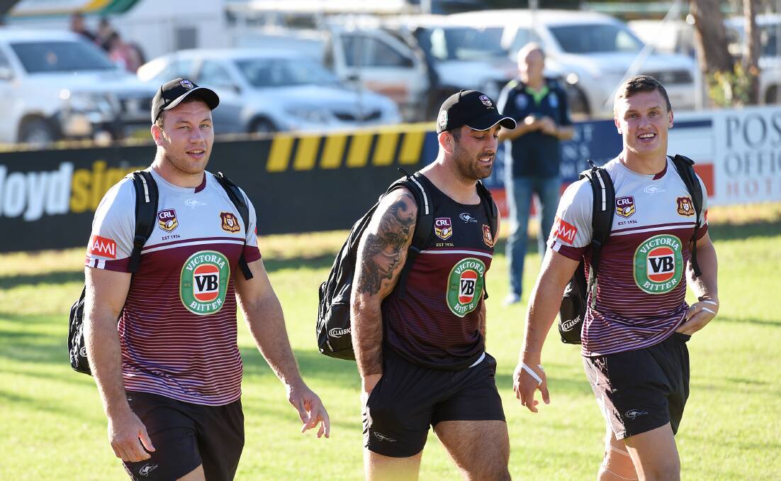 Raiders and Country trio (from left) Shannon Boyd, Paul Vaughan and Jack Wighton arrive at Tamworth Rugby Park for a hit-out against the North Tamworth Bears. Photo: Gareth Gardner 050516GGD06