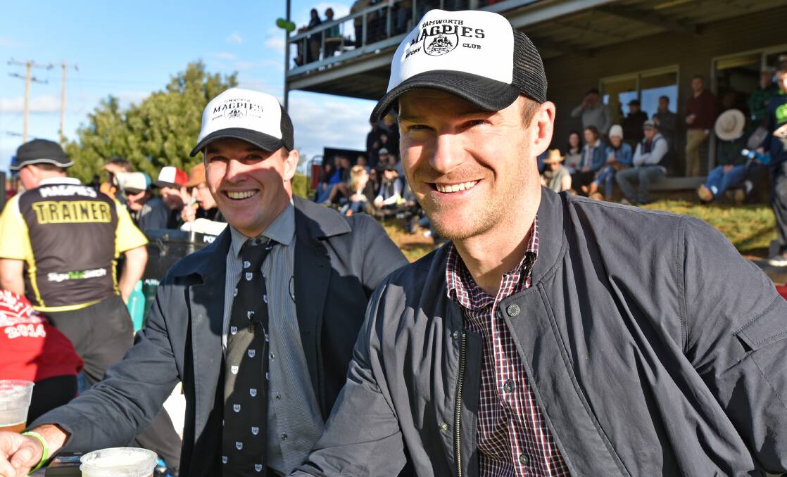 Former Wallaby Pat McCabe (right) was the special guest at Tamworth Rugby’s annual Headspace Day on Saturday, which included a commentating stint with Prime sports reporter Sam Rains (left) . Photo: Geoff O’Neill 090716GOF13