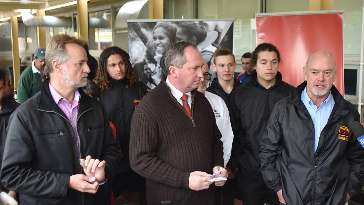 GAME-CHANGER: Senator Nigel Scullion, Barnaby Joyce and Clotarf Foundation’s Gerard Neesham announce a $24 million funding package that will see a Girl’s Academy Program delivered at Oxley High School Photo: Geoff O’Neill 180616GOB02 