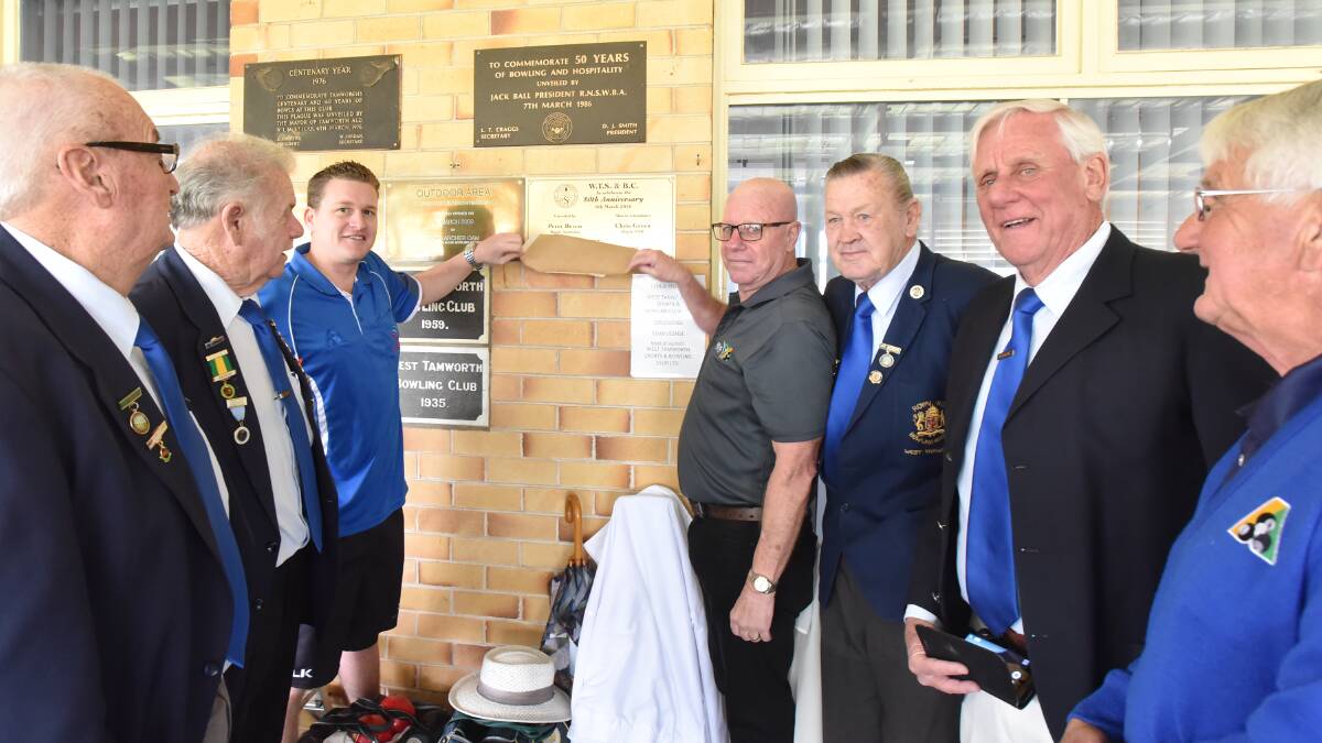 Celebrating an official 80th for West Tamworth Sports and Bowling Club were (from left) Dudley Tickle, Bob Hennessey, Chris Green, Peter Beven, Terry Kelly, Warren Williams and Don Fergusson. Photo: Geoff O’Neill 180616GOD01