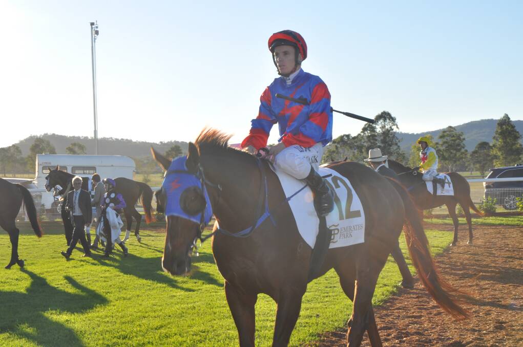 Tim Clark, who picked up the ride after Winona Costin relinquished it because of illness, returns to scale after winning the Scone Cup aboard the Peter Snowden-trained Pajara yesterday. Photo: Ben Murphy, Scone Advocate