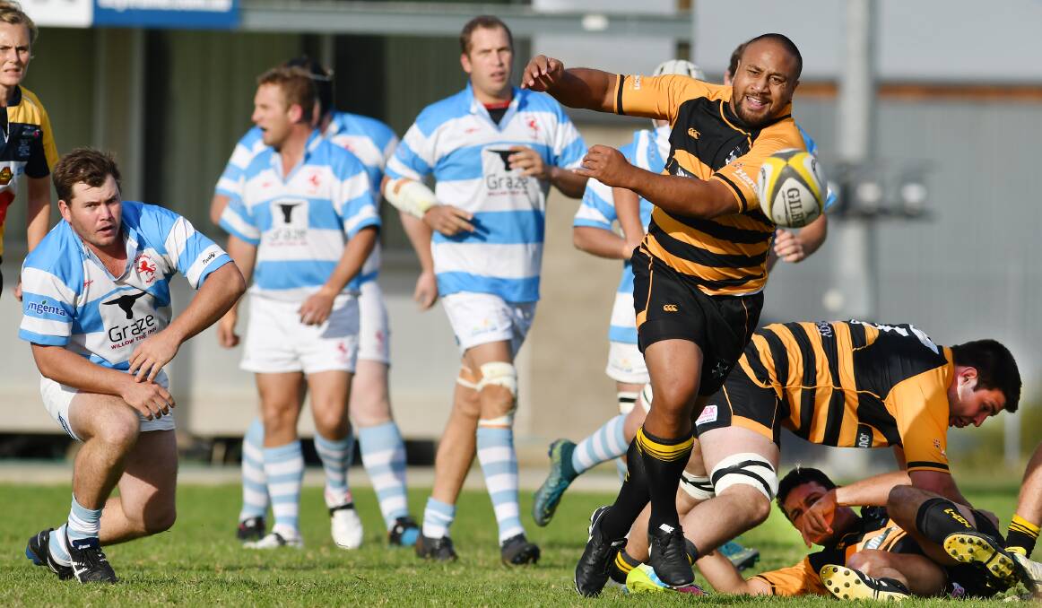 Pirates half-back Amos Ioasa clears from the ruck against Quirindi on Saturday. Photo: Barry Smith 210516BSF05