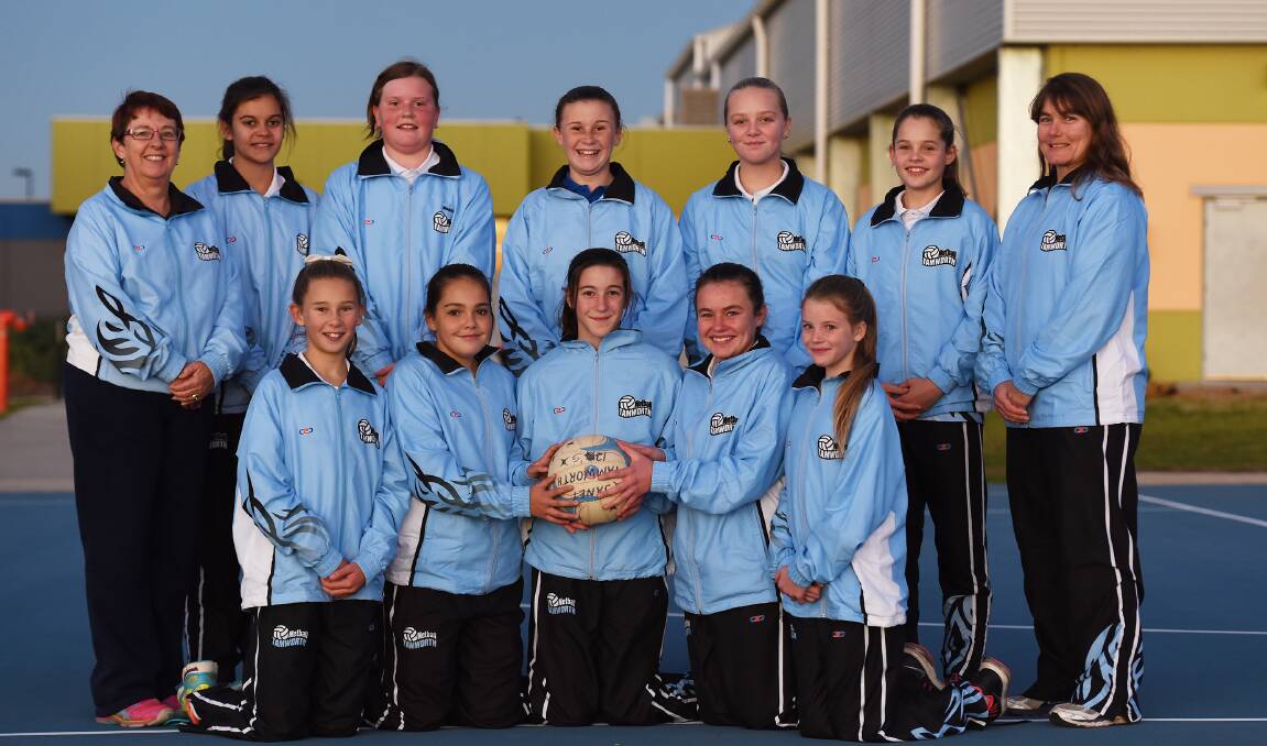 Tamworth U12s: (Back from left) Janet Jamieson, Aalinyah Smith, Maddy Rennie, Trudie Ison, Sophia Marker, Emily Deasey, Bec McKenzie.  (Front from left)  Lucy Hamlin, Chloe Ison, Holly Wagstaff, Hannah Partlin and Brydee Booby. Photo: Gareth Gardner 290616GGC04