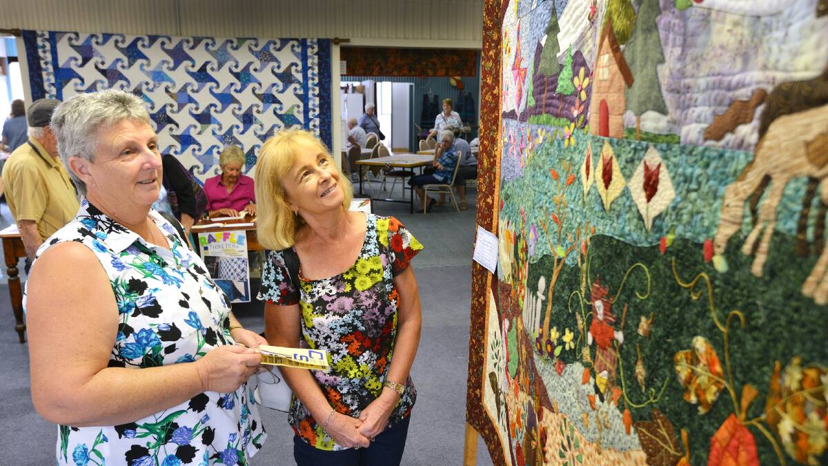 By Rebecca Belt/Photos: Barry Smith
QUILTERS across Tamworth stitched together a popular show in the city at the weekend, even attracting visitors from interstate.
Tamworth Regional Craft Shed arts and crafts treasurer Beverly Gilkes said the weekend had gone “extremely well”.
The show included about 25 quilts, ceramics, bonsai, felting and other arts and crafts, as well as a trading table.
“We had a few people from interstate come through yesterday, and a lot of people who said they didn’t know the shed was even here,” Mrs Gilkes said.
“A lot of quilters come in and have  a look, as well as those who aren’t involved.”
All the quilts were produced by the members of the Craft Shed Arts and Crafts, and they display them every two years.
“Once this one is over, we will start planning for the next one,” Mrs Gilkes said.
“Quilting is therapy on most parts. A lot of talking goes on and it’s about the friendship and company.” 
For those who worked up a hunger or thirst while admiring the handiwork of local artisans, the kitchen also cooked up morning and afternoon teas and sandwiches were available.
It also proved a crafty way to raise funds for the region’s Westpac Helicopter Rescue Service, which collected gold coins at the entry.
There was a lucky door prize for those who attended, and a quilt and bonsai for raffles.
