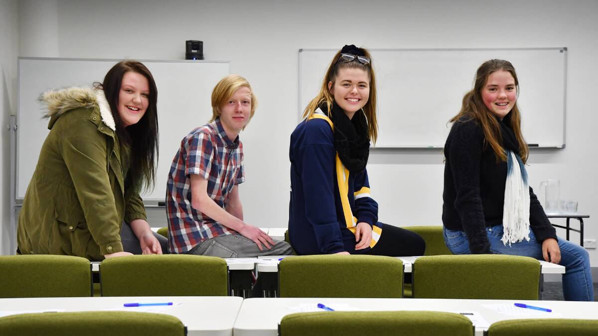 SPEAKING THEIR MINDS: Students Kiana Ninness and Coady Barrie from Peel High, Olivia Dillon from McCarthy Catholic College and Lexie Bernard from Quirindi High before the open mic night began. Photo: Barry Smith 210616BSG01