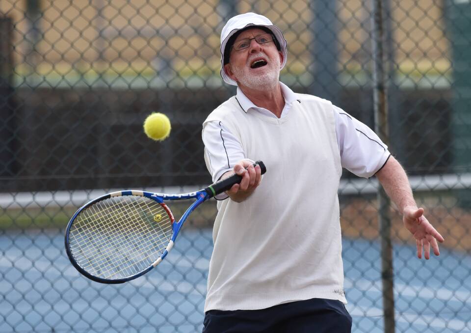 Peter Musgrave (Sydney) helps this forehand on its way during the 15th West Tamworth Tennis Club's Seniors Tournament yesterday. Photo: Geoff O'neill 290516GOA01.
