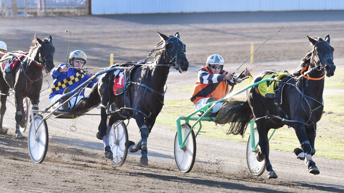 Red Castle Rebel and Peter Hedges (left) finish too strongly to beat Hes Our Boy (Josh Osborn) at Tamworth Paceway two Thursdays back. The Tamworth club now moves to a Sunday- dominated schedule in mid-August. Photo: Barry Smith 190516BSB13