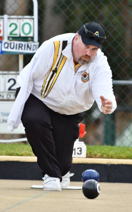 Quirindi’s Ron Radcliffe delivers for his club in last weekend’s Pennants playoffs at West Tamworth. All the CNDBA action heads to Werris Creek tomorrow for the annual Triples Carnival, a Bowler of the Year Award event.  
Photo: Barry Smith  260616BSB16