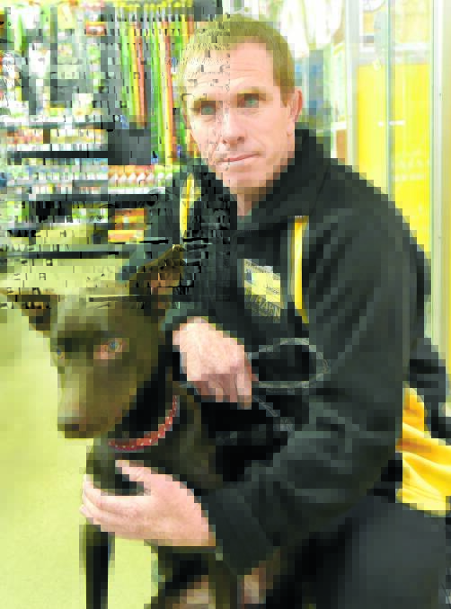 REHOMING SUCCESS: Tamworth Petbarn assistant manager Jason Tobin with Ellie, a one-year-old kelpie cross. Photo: Geoff O’Neill 190516GOA01
